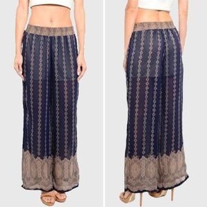 Blue & Mocha Printed Wide Leg Boho Palazzo Pants